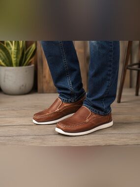Propet Men’s Brown Leather Slip-On Moc Toe Loafers Walking Shoes Size 12